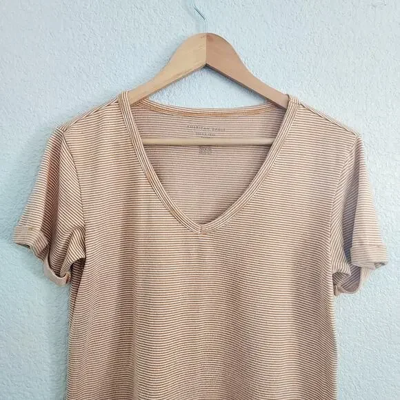 American Eagle Mustard Yellow Striped V-neck Tee Size S - Picture 2 of 10